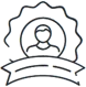 Outline icon of a person inside a gear, with a blank ribbon banner below, symbolizing achievement, certification, or award.