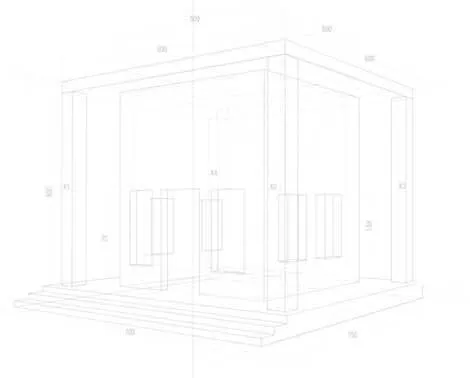 A faint, technical line drawing of a modern, box-shaped structure with steps in front and tall, rectangular columns, including faint numerical measurements throughout the sketch.
