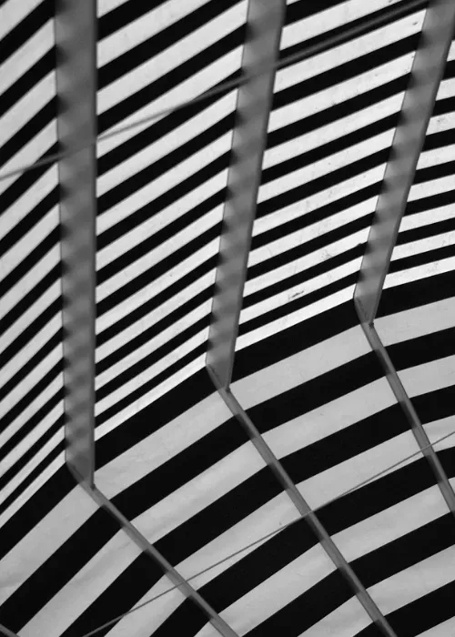 Black and white abstract image showing diagonal stripes intersected by vertical, wavy, metallic-looking bars, creating a dynamic geometric pattern with strong contrast and depth.