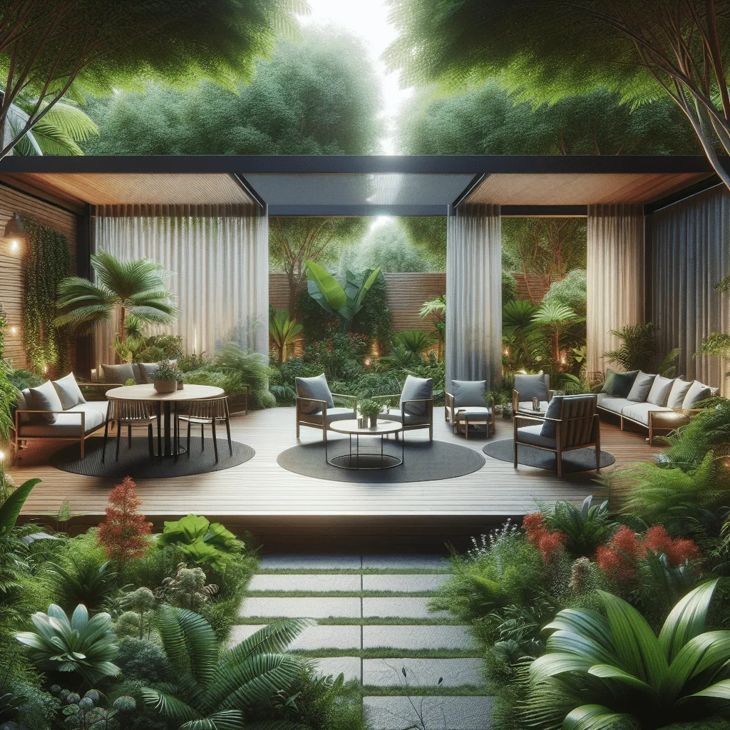 A variety of patio screens displayed in an outdoor setting showcasing retractable and fixed options with vibrant greenery