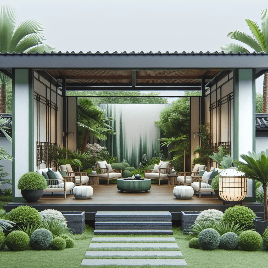 A stylish outdoor area featuring various types of patio screens installed, showcasing both functionality and aesthetic appeal with plants and seating