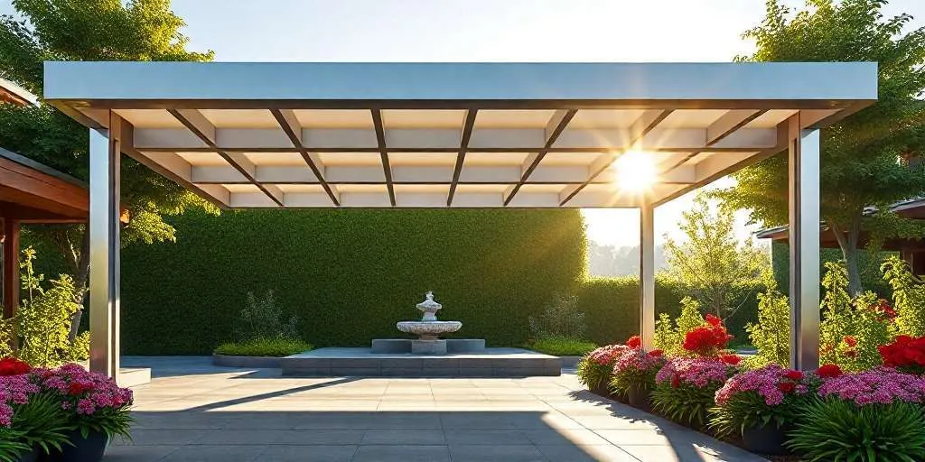 A modern pergola with a grid-patterned roof stands over a paved patio, surrounded by lush plants and red flowers. Sunlight filters through, highlighting a tiered stone fountain in the center against a green hedge backdrop.