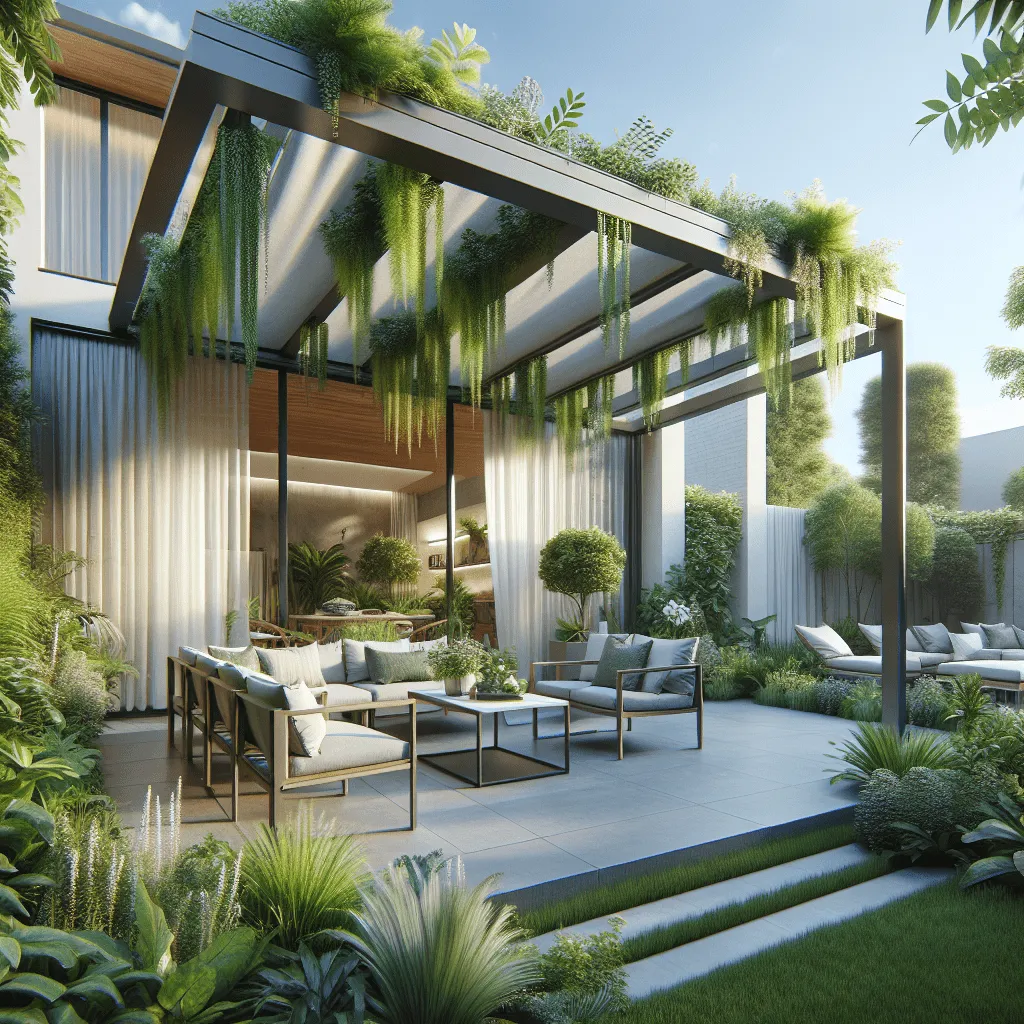 A modern backyard featuring a stylish retractable pergola with adjustable canopy, surrounded by lush greenery and patio furniture