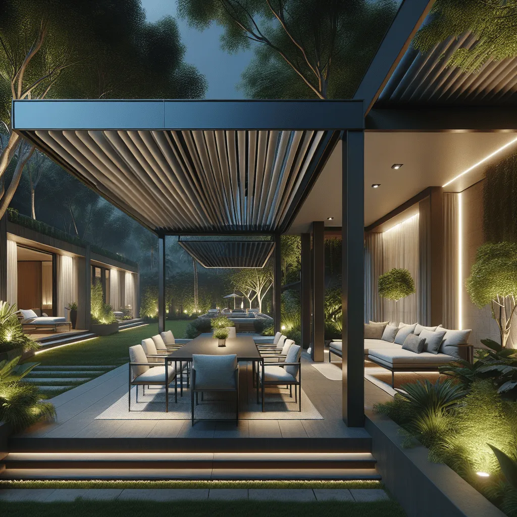 A modern outdoor space featuring a stylish retractable pergola with adjustable canopy over a dining area, surrounded by greenery and ambient lighting