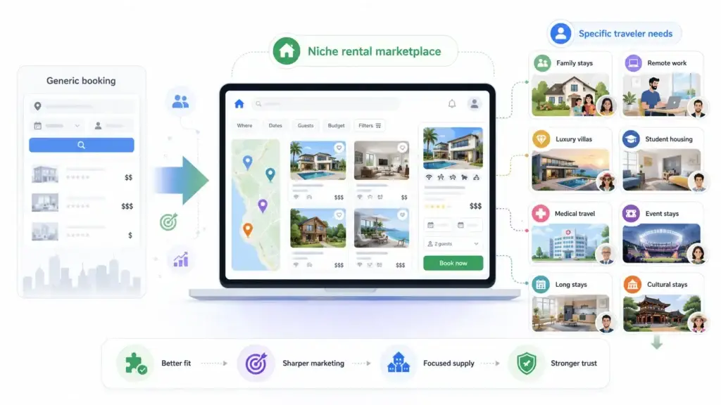 How Niche Rental Marketplaces Are Changing the Modern Travel Booking Experience 1 Niche rental marketplace serving specific traveler needs including family stays, remote work, luxury villas, student housing, medical travel, and cultural stays