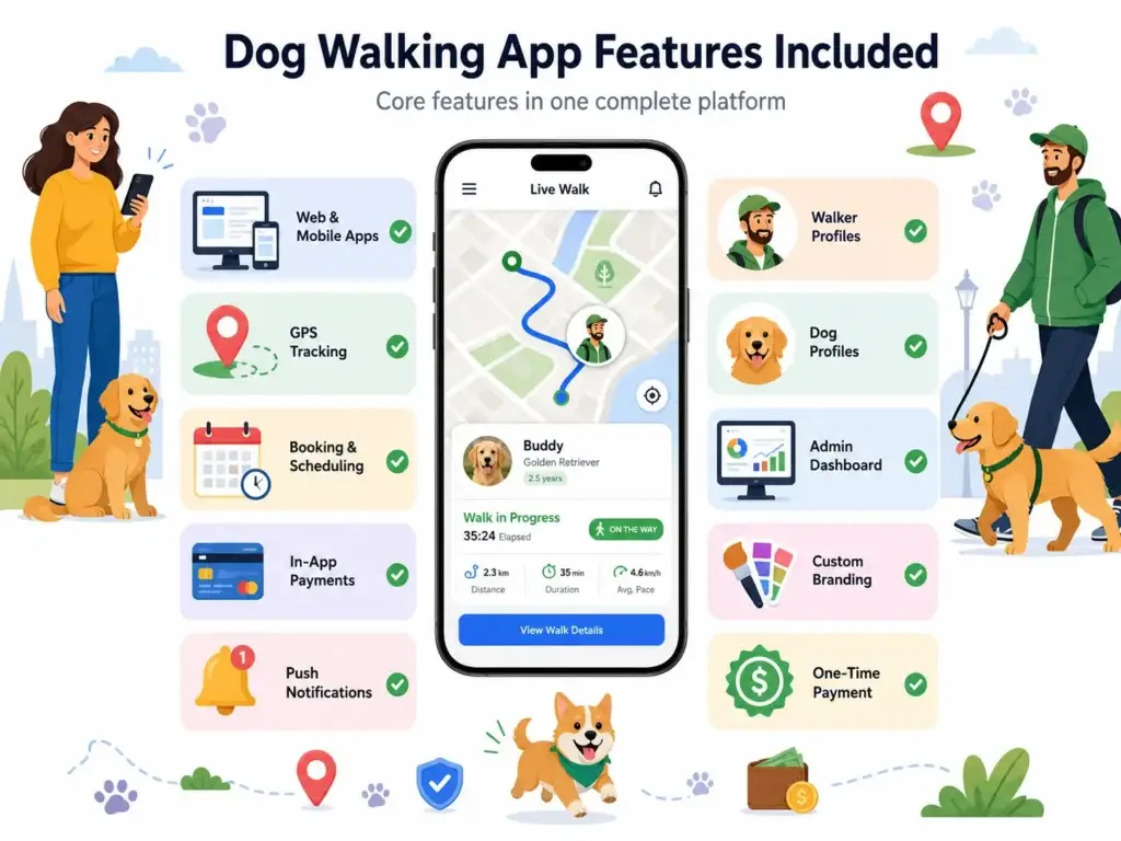 How to Build a Dog Walking App in 2026: A Complete Guide for Pet Entrepreneurs 2 Dog walking app features infographic showing web and mobile apps, GPS tracking, booking, payments, push notifications, walker profiles, dog profiles, admin dashboard, custom branding, and one-time payment.