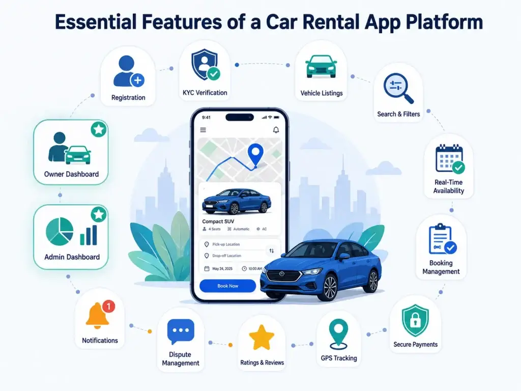 How to Start a Car Rental Business in 2026: Complete Founderโs Guide 2 Illustration showing essential features of a car rental app platform including registration, KYC verification, vehicle listings, booking management, GPS tracking, secure payments, admin dashboard, and real-time availability.