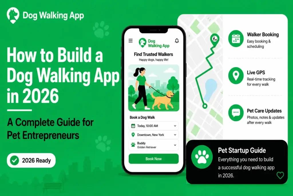 Dog walking app development visual showing walker booking, live GPS tracking, pet care updates, dog walk scheduling, and pet startup guide for 2026.