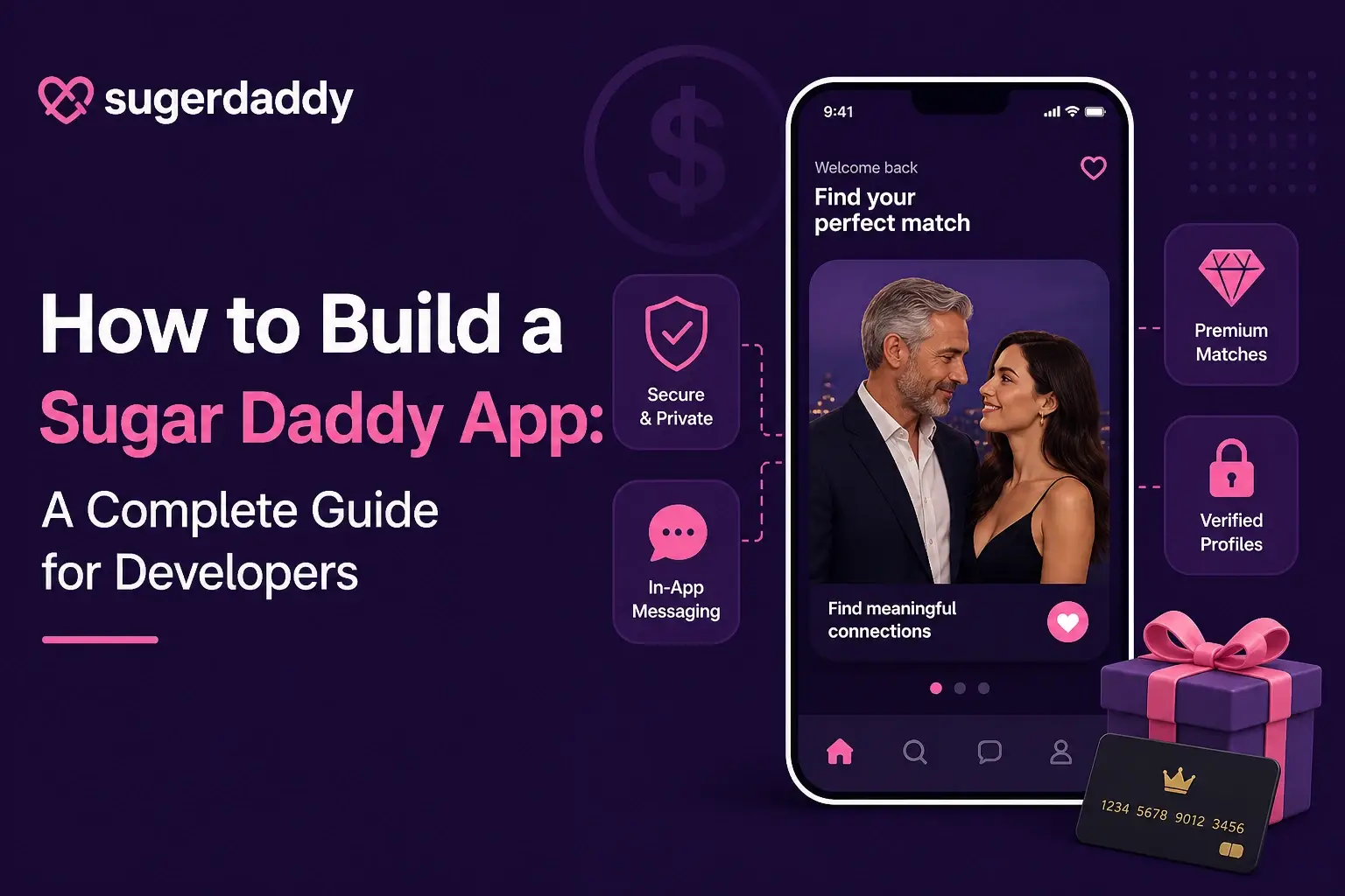 Sugar Daddy app development guide showing secure matching, verified profiles, premium matches, and in-app messaging features
