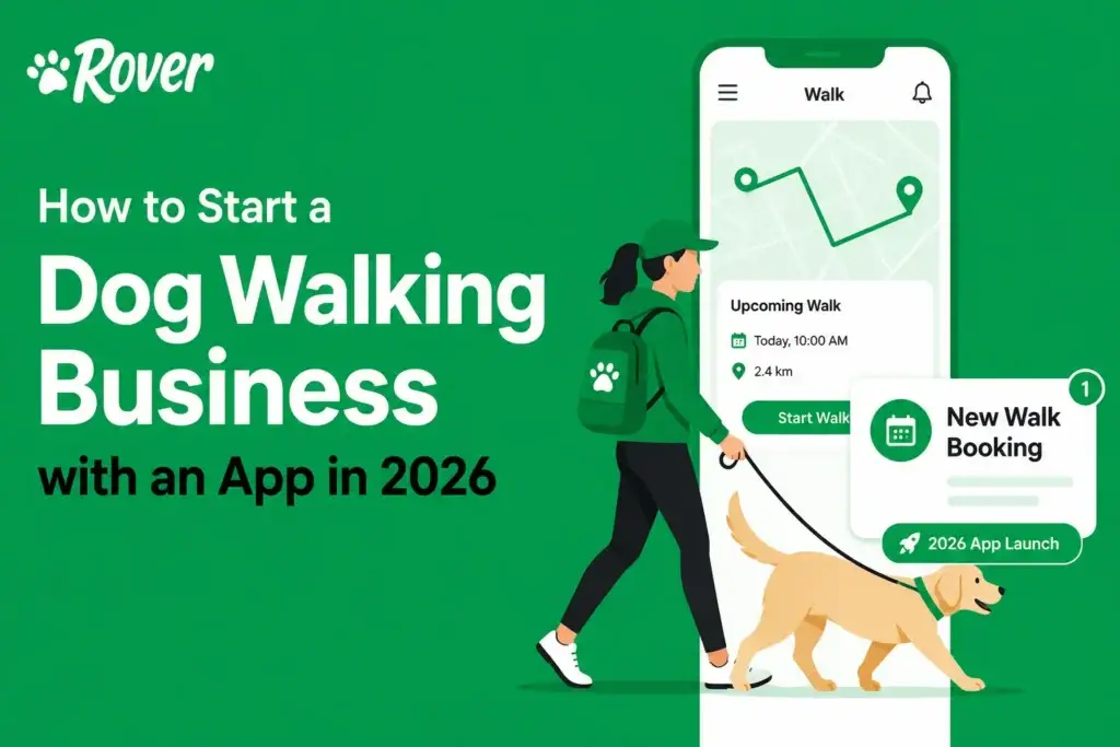 Dog walking business app guide visual showing a Rover-style dog walking app, walker with dog, route tracking, walk booking, upcoming walk schedule, and new walk booking notification.