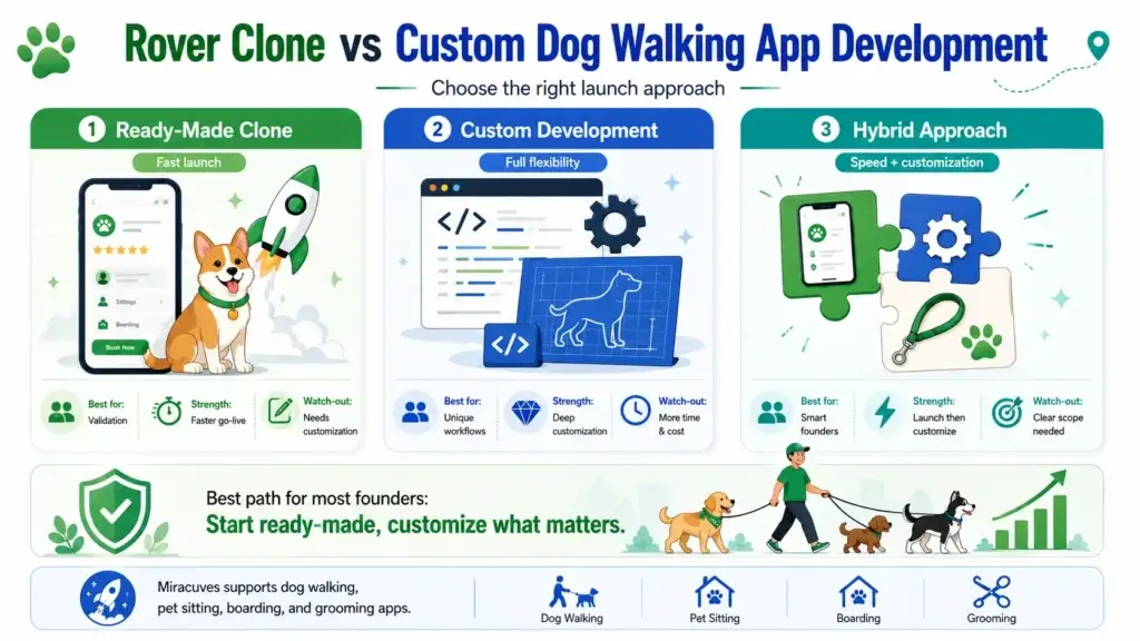 How to Start a Dog Walking Business with a Rover Clone App in 2026 2 Rover clone vs custom dog walking app development comparison showing ready-made clone, custom development, and hybrid approach for launching a dog walking marketplace.