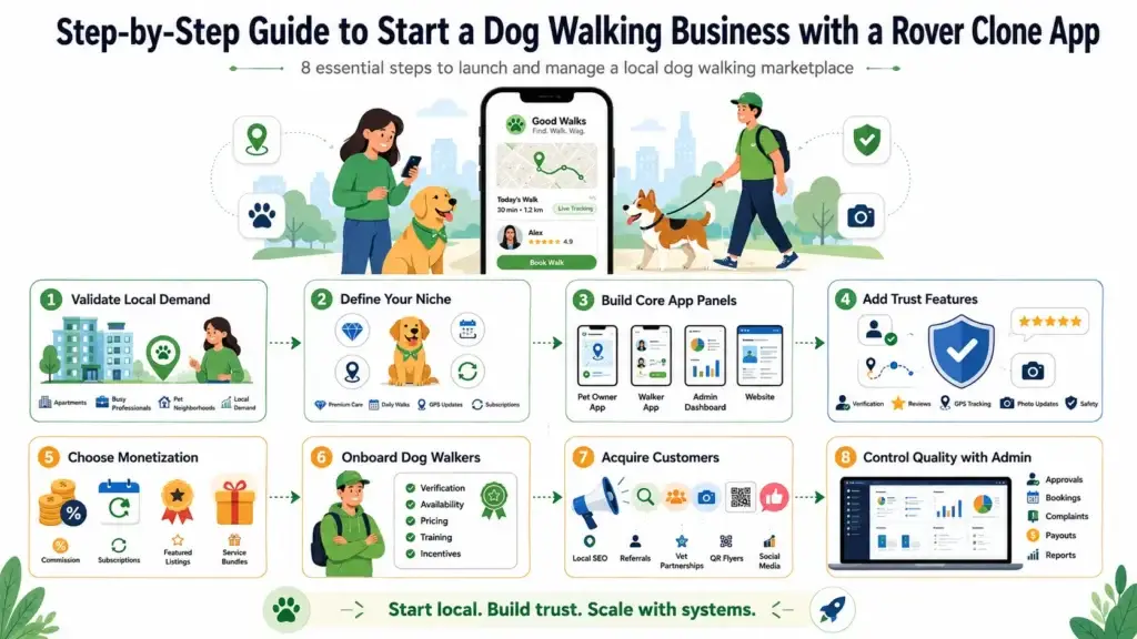 How to Start a Dog Walking Business with a Rover Clone App in 2026 1 Step-by-step dog walking business guide showing Rover clone app workflow with local demand validation, niche selection, app panels, trust features, monetization, walker onboarding, customer acquisition, and admin control.