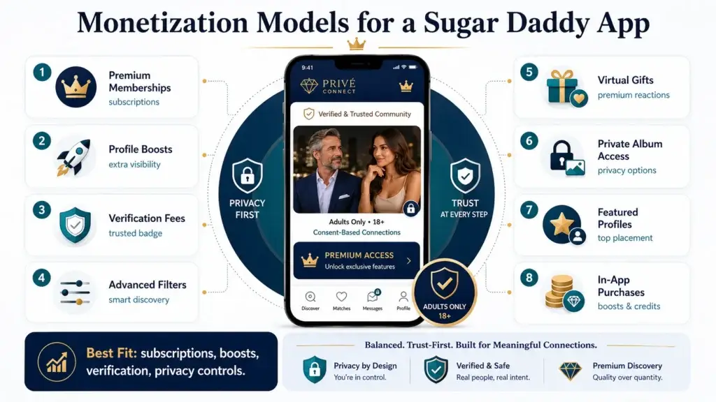 How to Build a Sugar Daddy App: A Complete Guide for Developers 2 Sugar daddy app monetization models visual showing premium memberships, profile boosts, verification fees, advanced filters, virtual gifts, private album access, featured profiles, and in-app purchases.