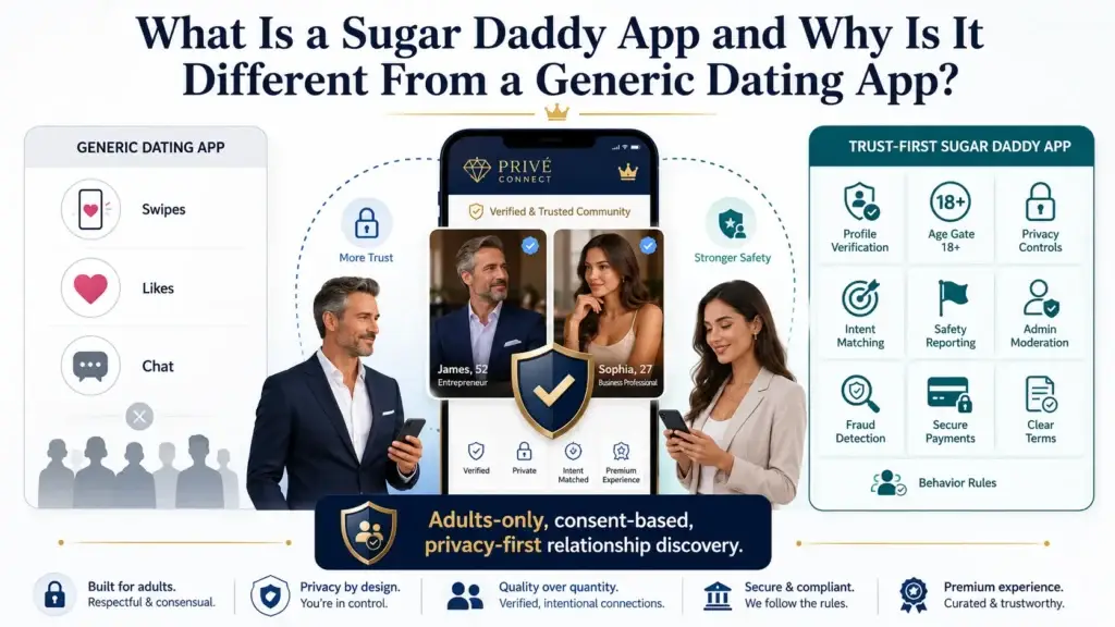 How to Build a Sugar Daddy App: A Complete Guide for Developers 1 Sugar daddy app comparison visual showing how a trust-first adults-only dating platform differs from a generic dating app with verification, privacy controls, secure payments, fraud detection, moderation, and consent-based relationship discovery.