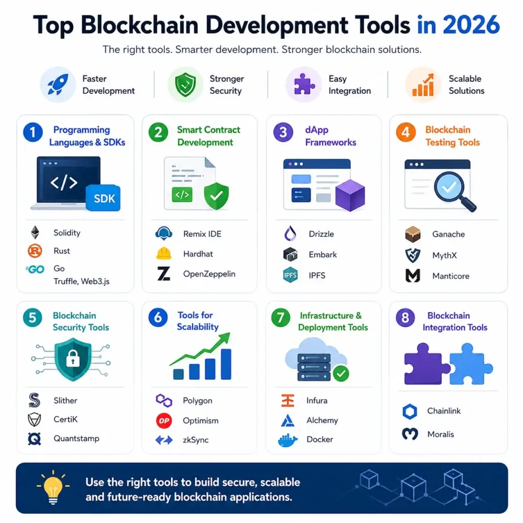 Essential Blockchain Development Tools for 2026: A Complete Guide to Power Your Projects 1 Infographic showing top blockchain development tools in 2026 including Solidity, Hardhat, Remix IDE, IPFS, Polygon, Infura, Chainlink, Moralis, and blockchain security tools