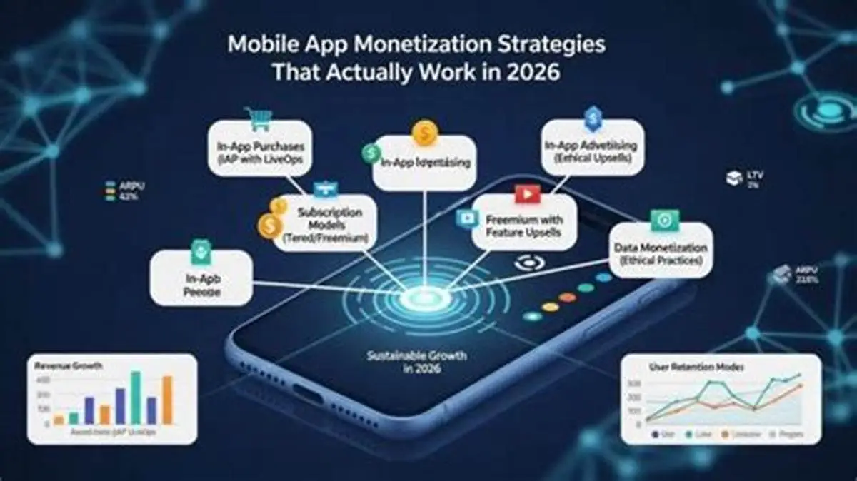 Super App Clone 57 Diagram on a dark blue background showing app monetization strategies such as in-app purchases, subscriptions and advertising above a phone.