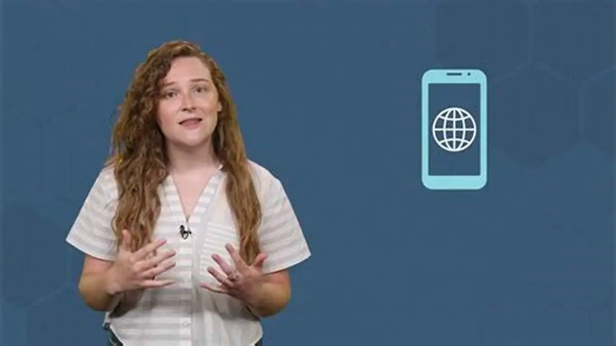 Super App Clone 58 A woman presenting to camera on a blue background beside a phone with a globe icon.