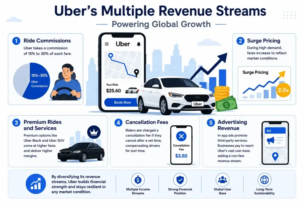 Discover the Monetization Model of Uber and How It Earns Billions 1 Infographic showing Uber’s five main revenue streams: ride commissions, surge pricing, premium rides, cancellation fees, and in-app advertising.