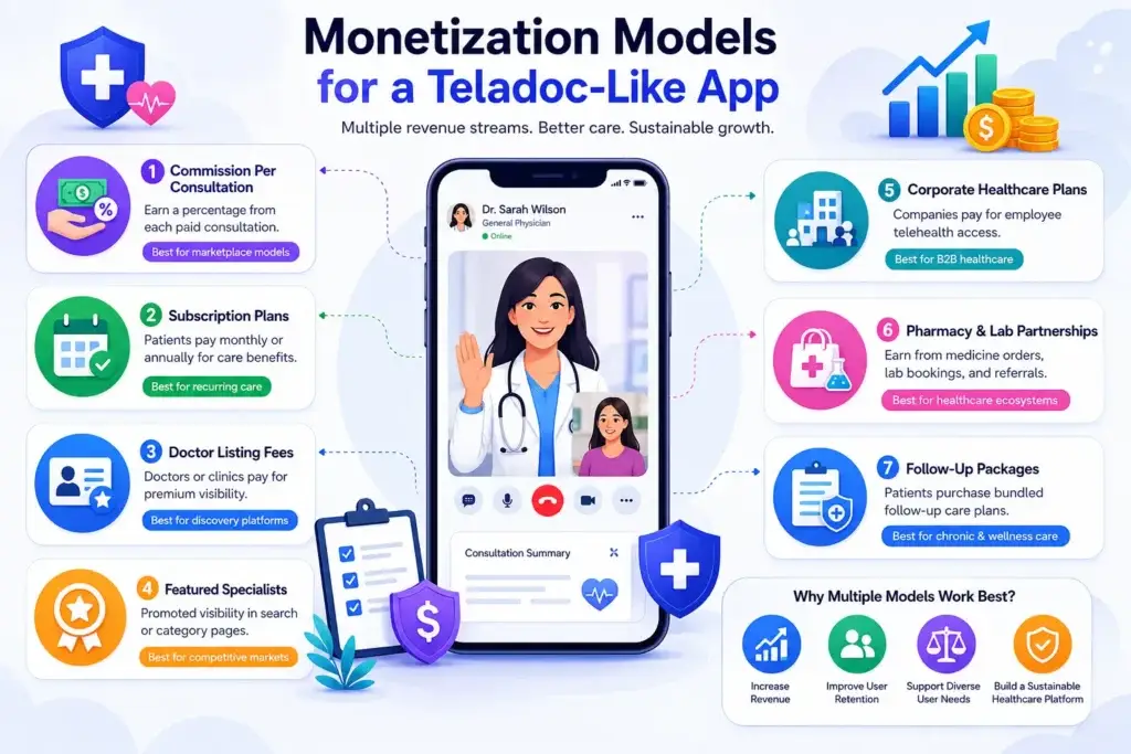 How to Build an App Like Teladoc: Online Doctor Consultation App Guide 2 Teladoc-like app monetization models infographic showing commission, subscription plans, doctor listing fees, featured specialists, corporate healthcare, pharmacy partnerships, and follow-up packages