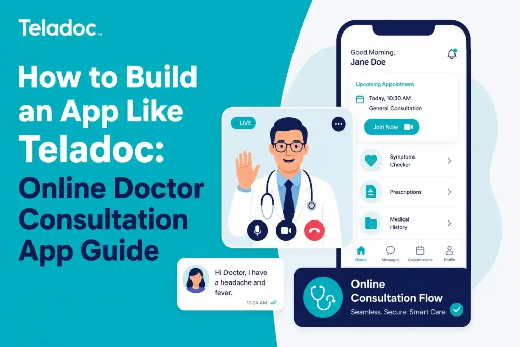 Teladoc online doctor consultation app guide image showing video consultation, appointment booking, symptom checker, prescriptions, medical history, and patient chat