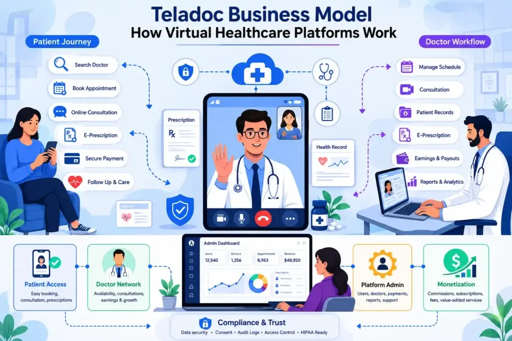 How to Build an App Like Teladoc: Online Doctor Consultation App Guide 1 Teladoc business model infographic showing patient journey, doctor workflow, admin dashboard, compliance, monetization, and virtual consultation process