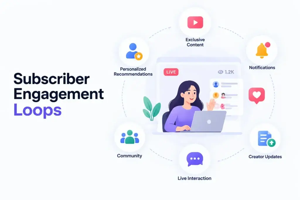 How Can a Subscription-Based Platform Keep Creators Active and Subscribers Engaged? 1 Subscription Platform Engagement loops with personalized recommendations, exclusive content, notifications, community, creator updates, and live interaction.