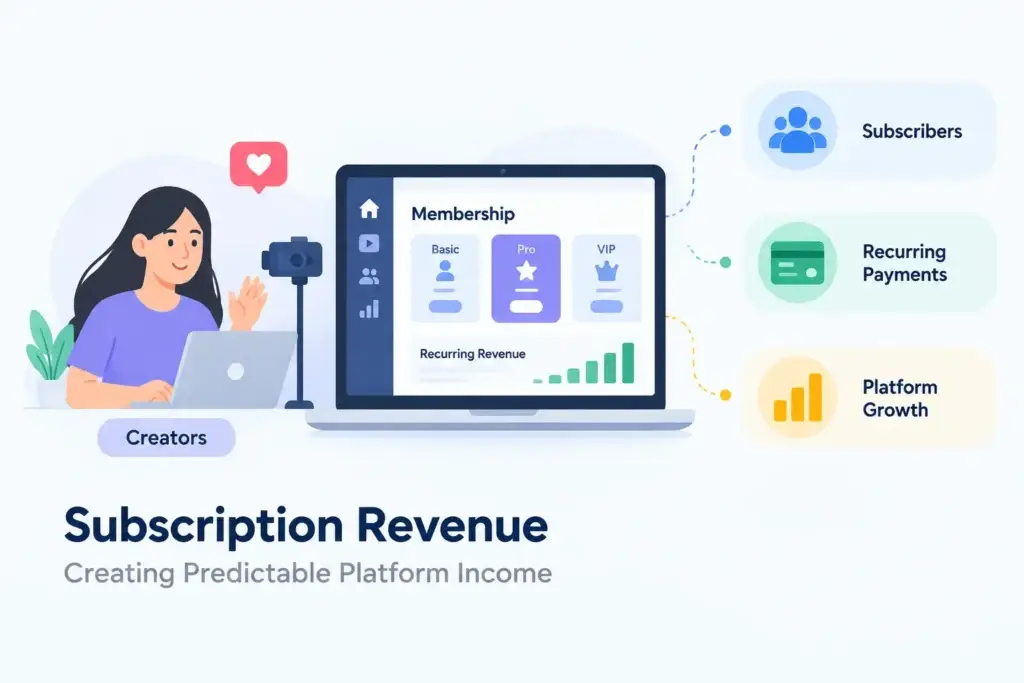 Subscriptions, PPV, Tips, and Live Access: Building a Monetization Strategy for a Subscription-Based Platform 1 Subscription revenue platform showing creator memberships, recurring payments, subscribers, and platform growth.