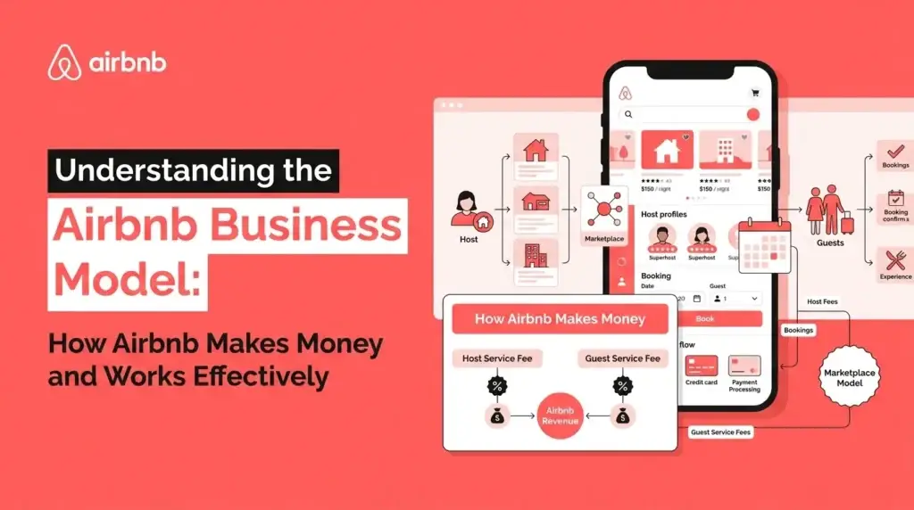 Airbnb business model featured image showing hosts, property listings, marketplace connections, guest bookings, host profiles, secure payments, booking confirmations, experiences, host service fees, guest service fees, and platform revenue.