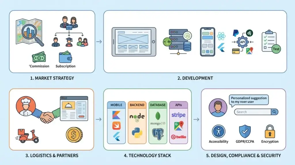Decoding the UberEats Business Model: A Comprehensive Development Guide 1 UberEats app development infographic showing step-by-step process with market strategy, commission and subscription model, app development, mobile backend, databases, APIs, logistics partners, restaurant onboarding, delivery workflow, technology stack, compliance, accessibility, encryption, GDPR and CCPA security.