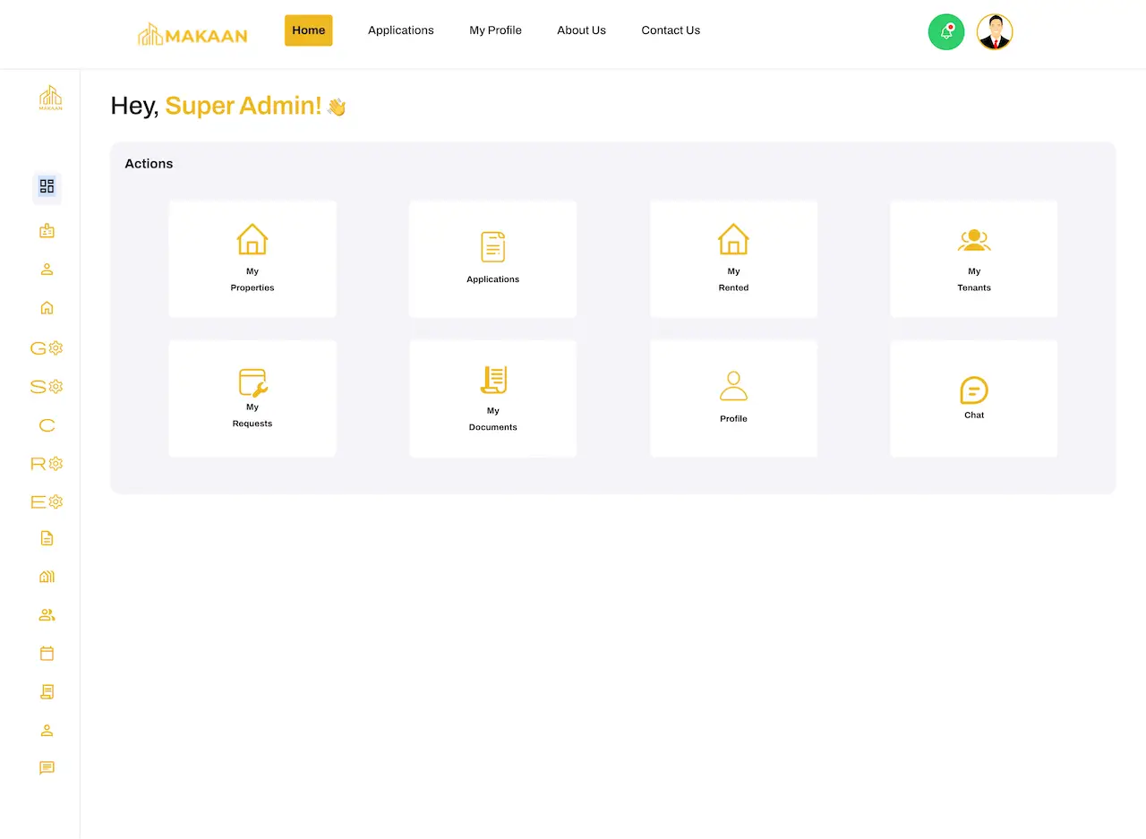Habyt Clone web dashboard with an Actions grid: My Properties, Applications, My Rented, My Tenants, My Requests, My Documents, Profile and Chat.