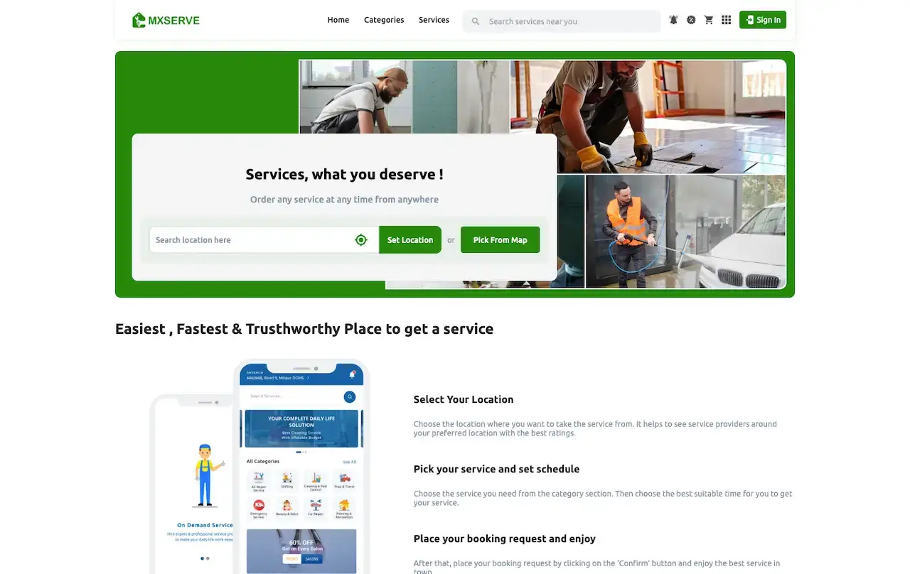 Thumbtack Clone customer website home page with a location search, service categories and a three-step booking explainer.