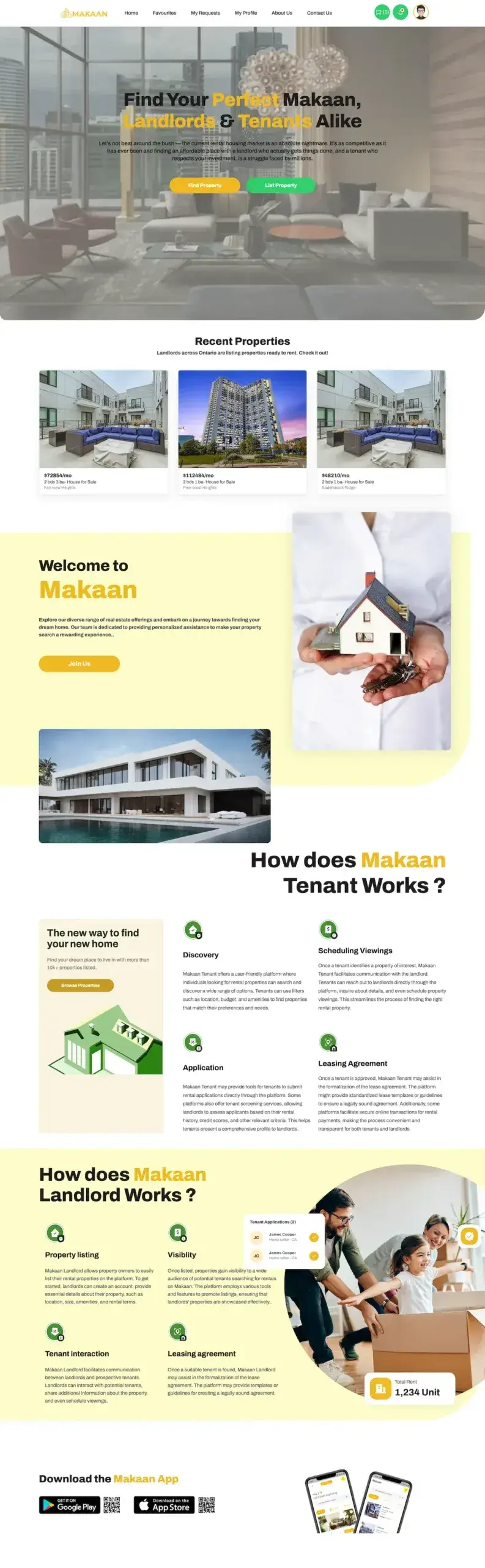 Habyt Clone web landing page with property search, recent properties, how it works for tenants and landlords, and app download links.