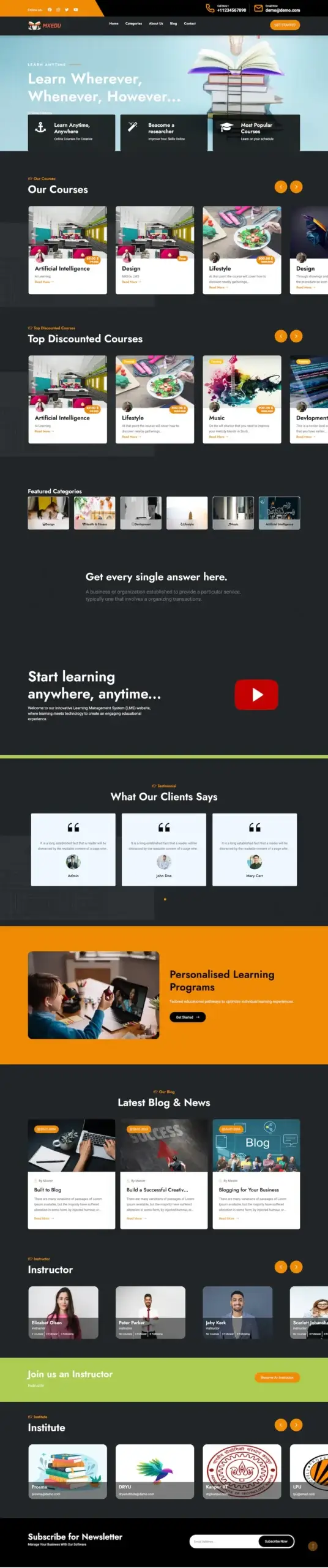 Byju’s Clone student website landing page with course sections, discounted courses, a video block, instructors and institutes.