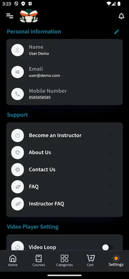 Byju's Clone 19 Byjus App user profile screen with dashboard and course details.