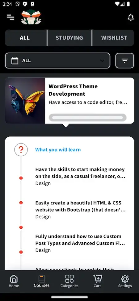 Byju's Clone 16 Course summary screen displaying lessons and progress in Byju’s clone app.