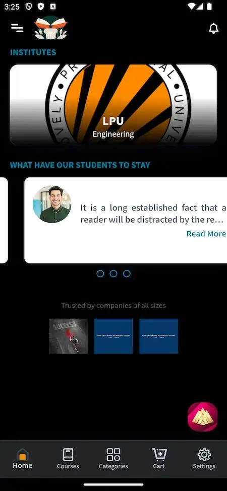 Byju's Clone 22 Byjus Clone showcasing institute listings with courses and details.