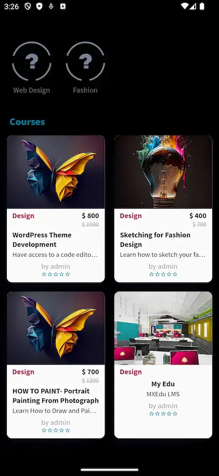 Byju's Clone 23 Pricing screen displaying web design and fashion course fees on Byjus Clone.