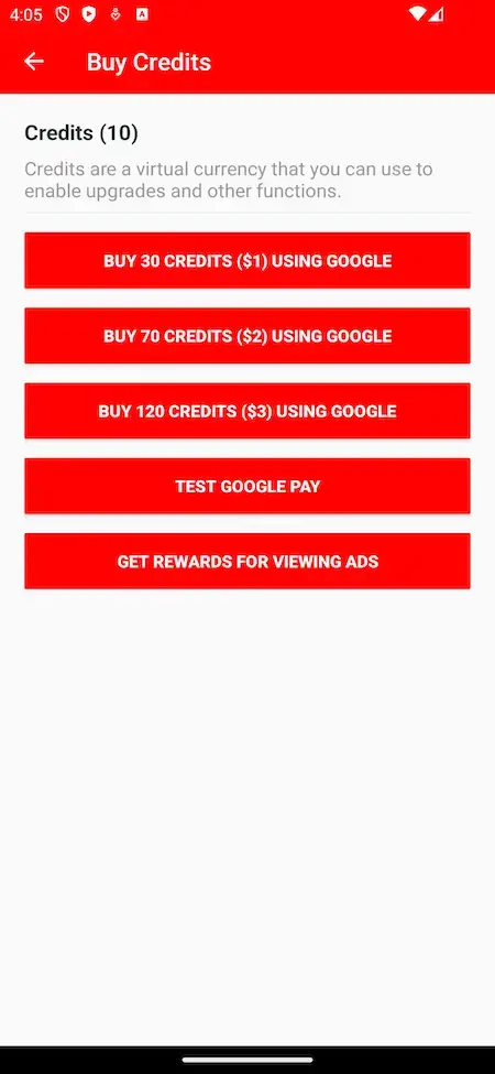 Tinder Clone 18 Buy credits screen on a Tinder clone for premium features access.