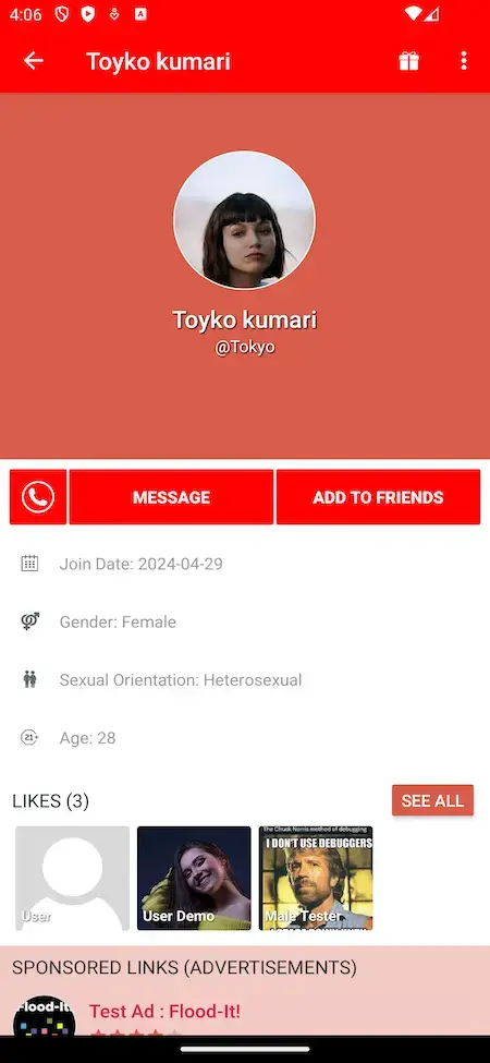Tinder Clone 20 Tinder Clone mobile app user details screen displaying profile and preferences.