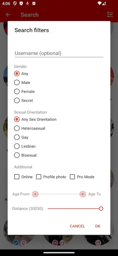 Tinder Clone 25 Tinder app search filter screen showing user preferences and gender options.