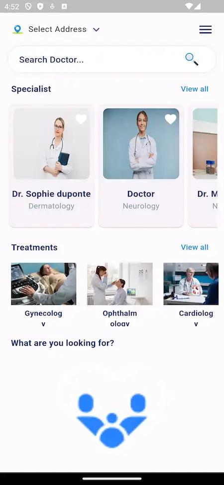 Practo Clone 18 Practo Clone Specialist Screen showcasing doctor profiles and treatment options.