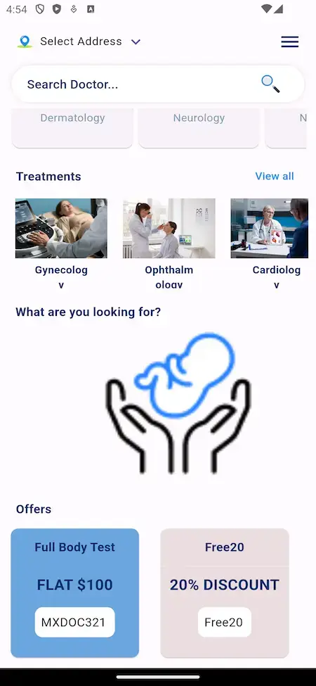 Practo Clone 23 Practo Clone Search Doctors and Treatments Screen for Healthcare Platform.