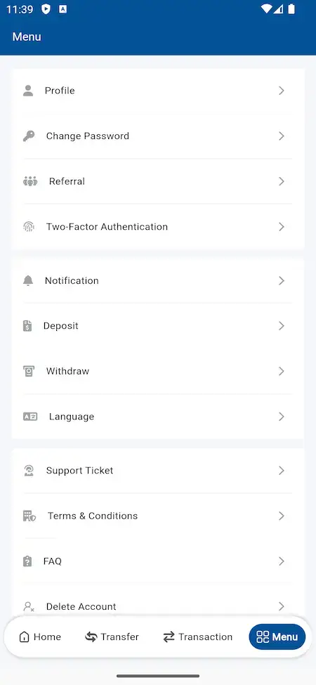 Banking Solution 20 Banking solution App main menu Screen