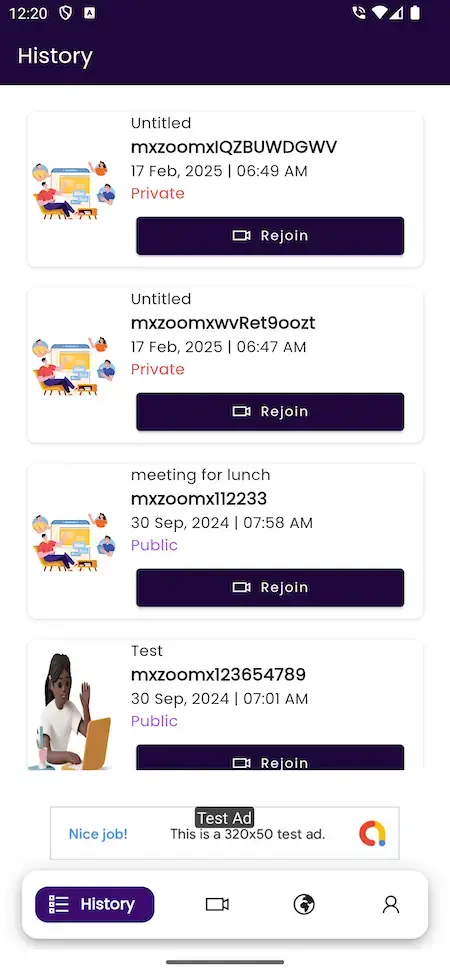 Zoom Clone 23 Zoom clone Mobile App User History Screen.