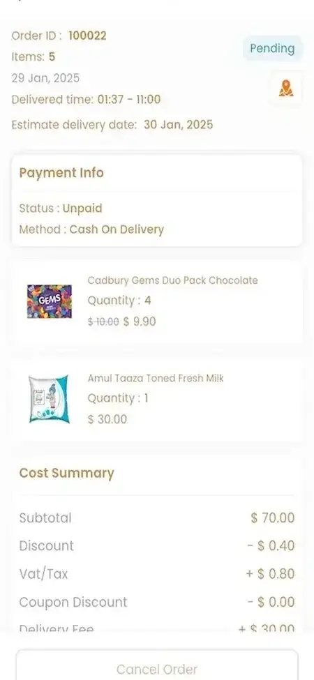 Zepto Clone 24 Zepto App order details screen showing delivery status and item summary.