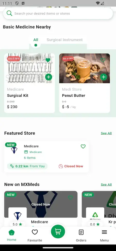 Netmeds Clone 18 Nearby medicals and featured stores netmeds clone mobile app screen.
