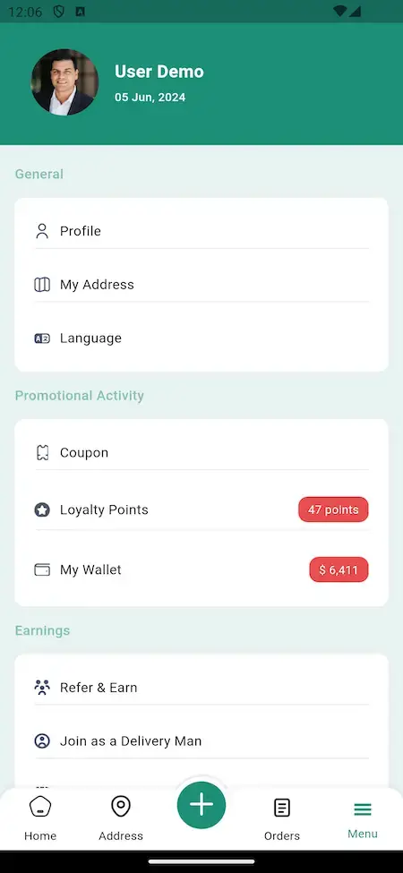 Uber Delivery Clone 16 Uber Delivery Clone User Demo Profile & General Settings Screen