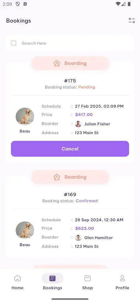 Dog Walk Clone 17 Dog Walk Clone Mobile App Bookings List Screen.