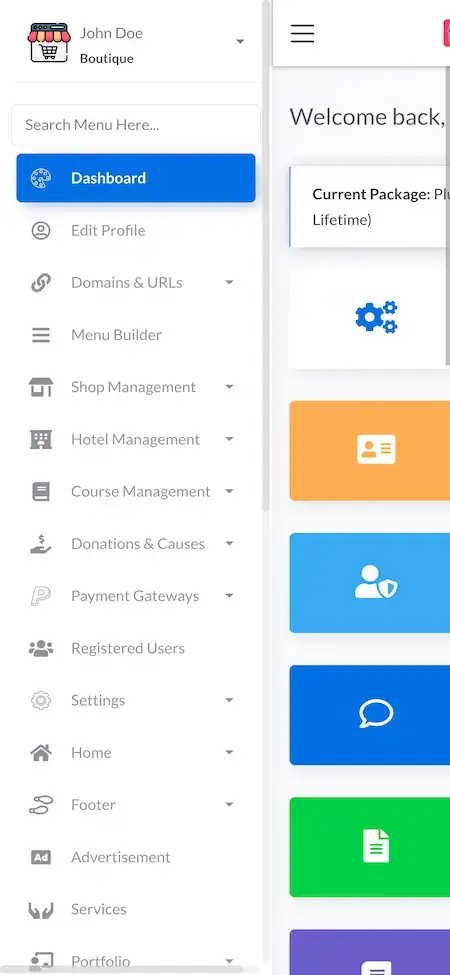 Wix Clone 20 Wix Clone user dashboard menu Display