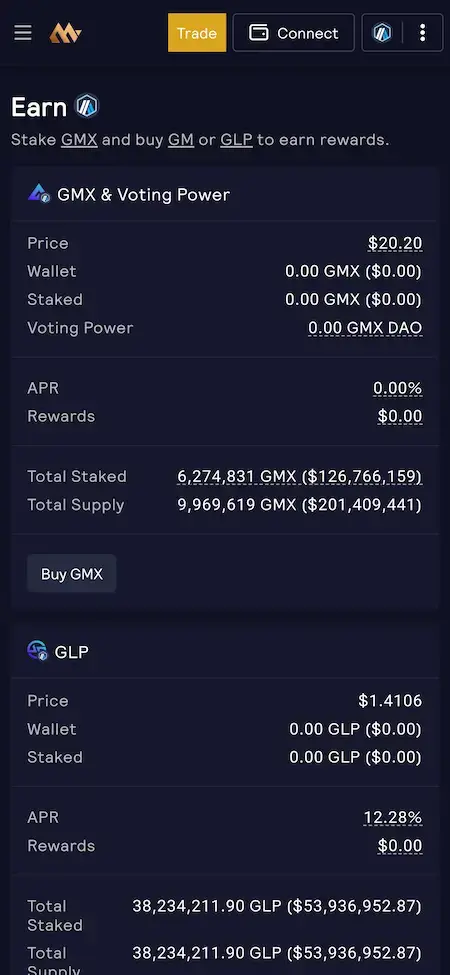 GMX Clone 24 GMX Clone Mobile Earn Screen.